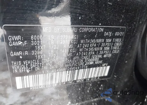 2021 Subaru Ascent Premium z USA, uszkodzony, nr VIN 4S4WMAFD4M3441774